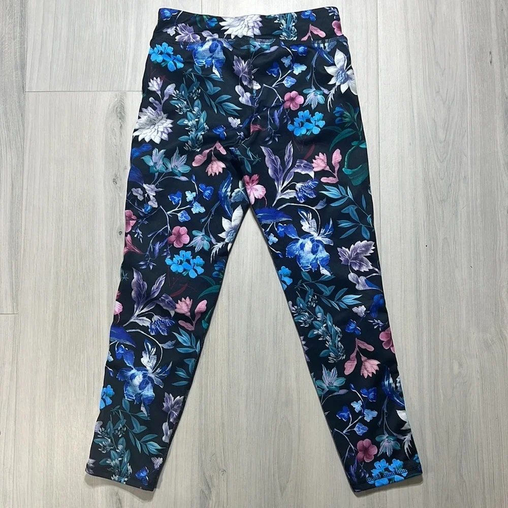 Old Navy Active Go-Dry Floral Leggings XL 14 Girls Blue Pink Side Stripe Crop